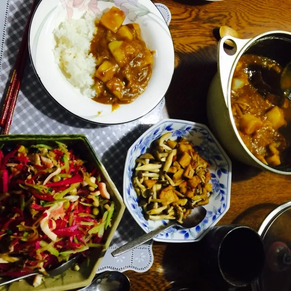 カレーライス、紅&青大根のサラダ、シメジ野菜天のガリバタ醤油|yakinasuさん