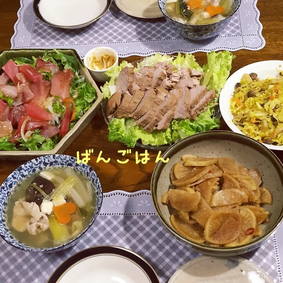 豚ヒレ肉の煮豚、野菜たっぷりカルパッチョ、キャベツシメジ炒め|yakinasuさん