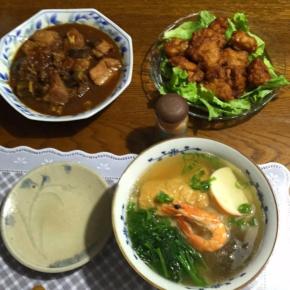 年明けきしめん、豚ヒレと茄子味噌煮、鶏からあげ|yakinasuさん