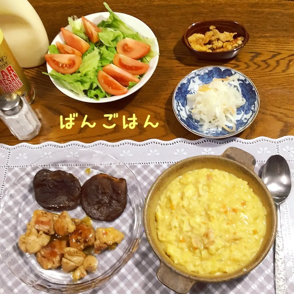 Snapdishの料理写真:カレークリームリゾット、鶏モモ肉照り焼き、焼き椎茸|yakinasuさん