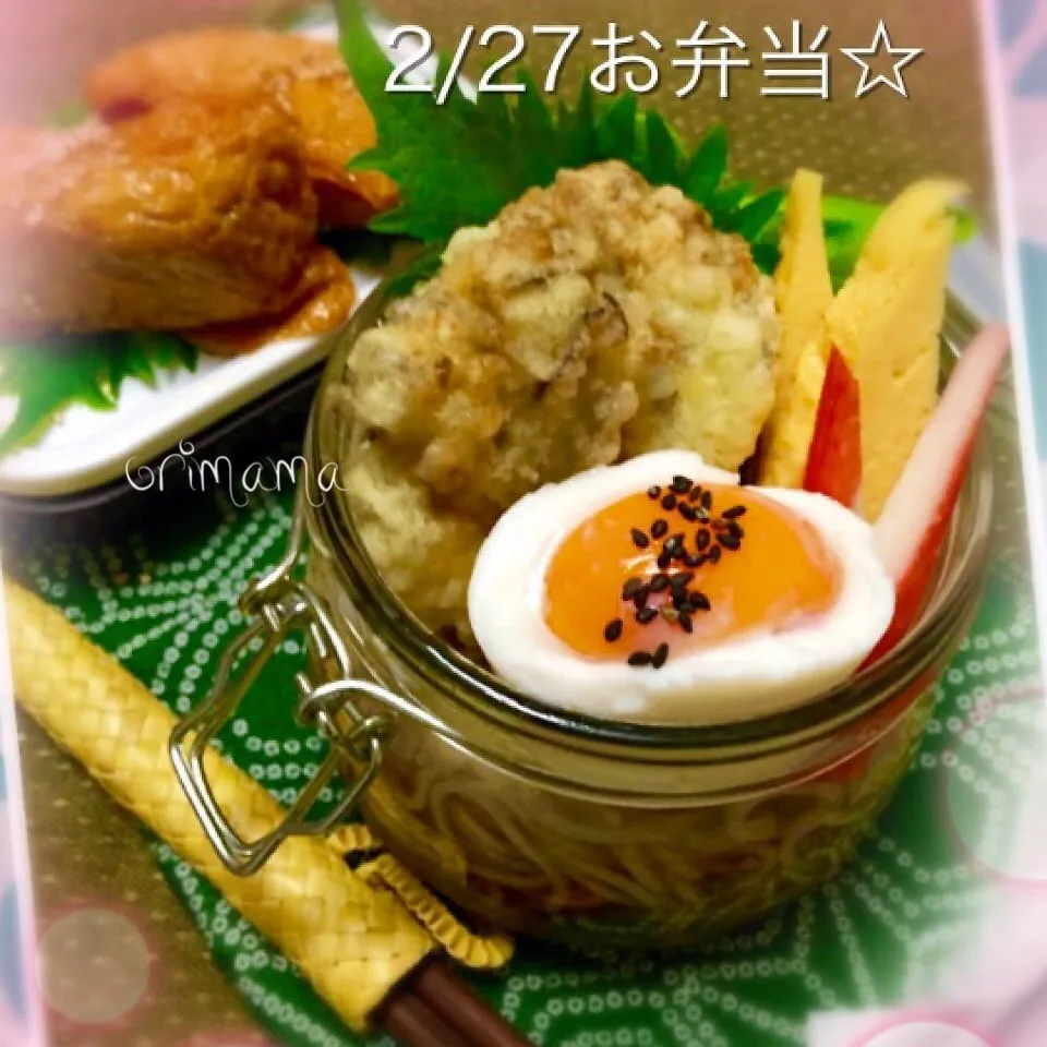 Snapdishの料理写真:♡ジャー倶楽部♡舞茸の天ぷら乗せ山菜蕎麦&お稲荷さん弁当☆|chouchouさん