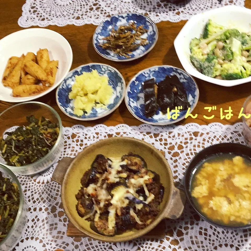 茄子とひき肉味噌チーズ焼き、ブロッコリー豆明太マヨ和え|yakinasuさん