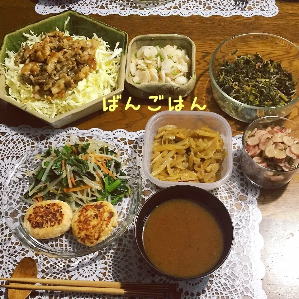 豚肉照焼き、鮭ハンバーグ、野菜炒め、大根抜き菜明太子和え、|yakinasuさん