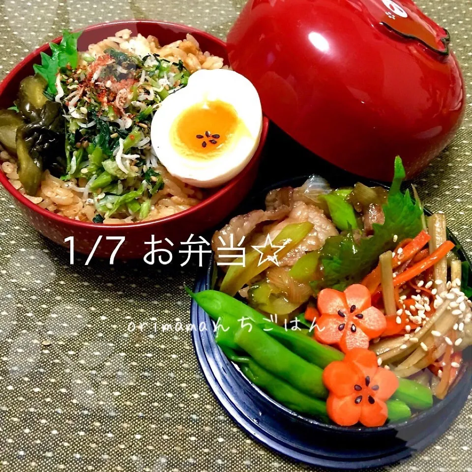 たぬき青菜ご飯と豚肉の南蛮焼き弁当☆|chouchouさん