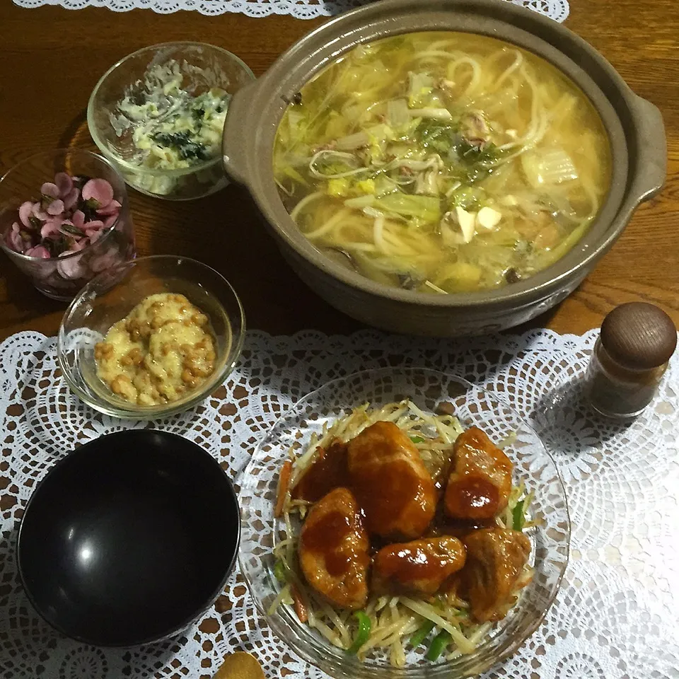 豚ヒレ肉のケチャ照焼き、煮込みうどん、おろし納豆|yakinasuさん