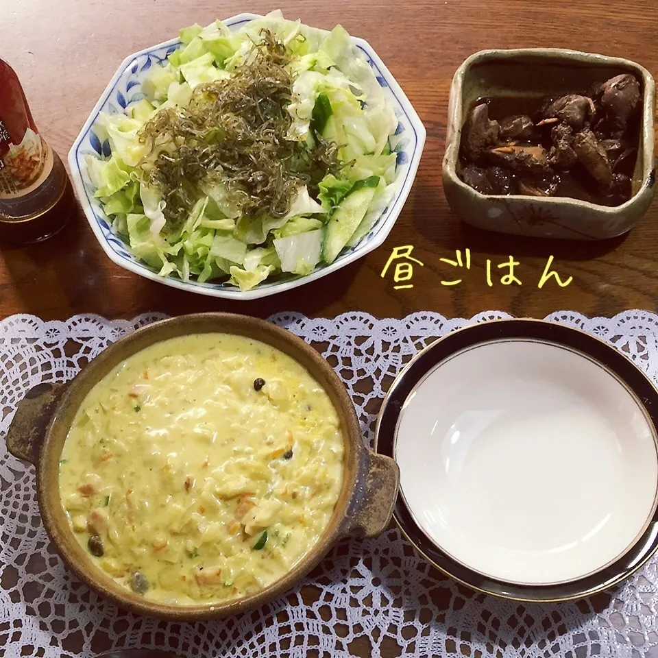 Snapdishの料理写真:カレークリームリゾット、ジャコサラダ、レバー|yakinasuさん