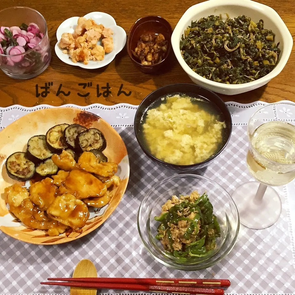 鶏甘酢焼き、茄子、ピーマンと鮭缶の醤油炒め、明太子、常備菜|yakinasuさん