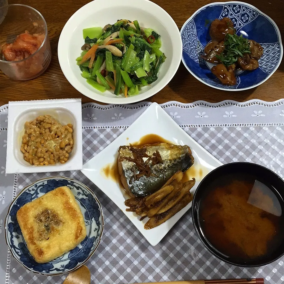 サワラ煮付け牛蒡添え、鶏レバー甘辛煮、小松菜炒め、蕗味噌揚げ|yakinasuさん