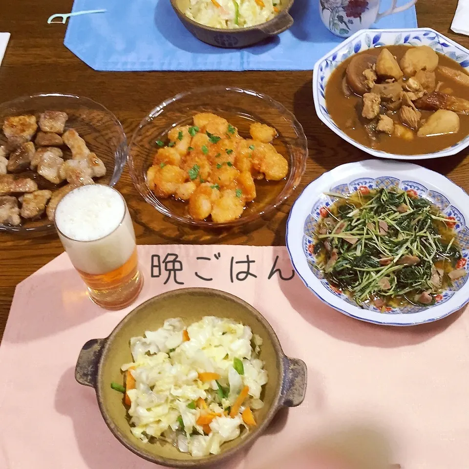 豚ガリバタ醤油焼き、海老マヨ、野菜炒め、残り物|yakinasuさん