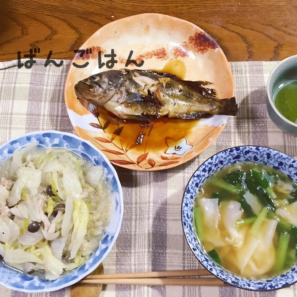 メバル煮付け、白菜、シメジ、春雨、豚肉うま煮、ワンタンスー|yakinasuさん