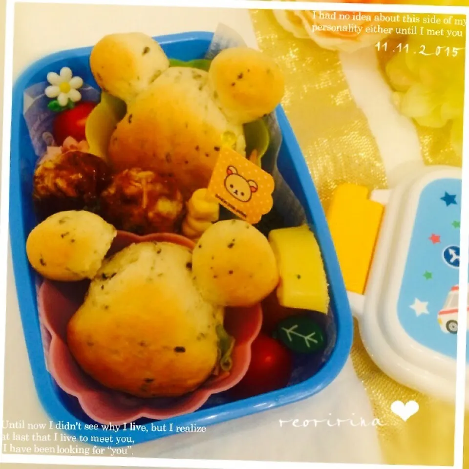 Snapdishの料理写真:幼稚園のお弁当♡くまサンドとハートコロッケ♡|rさん