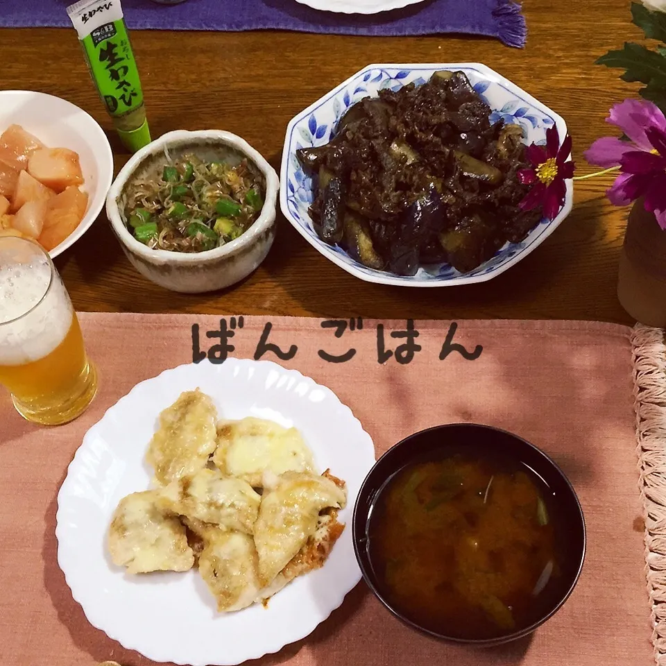 ササミチーズ、茄子と牛肉煮物、ビンナガ漬け、オクラ小女子ポン|yakinasuさん