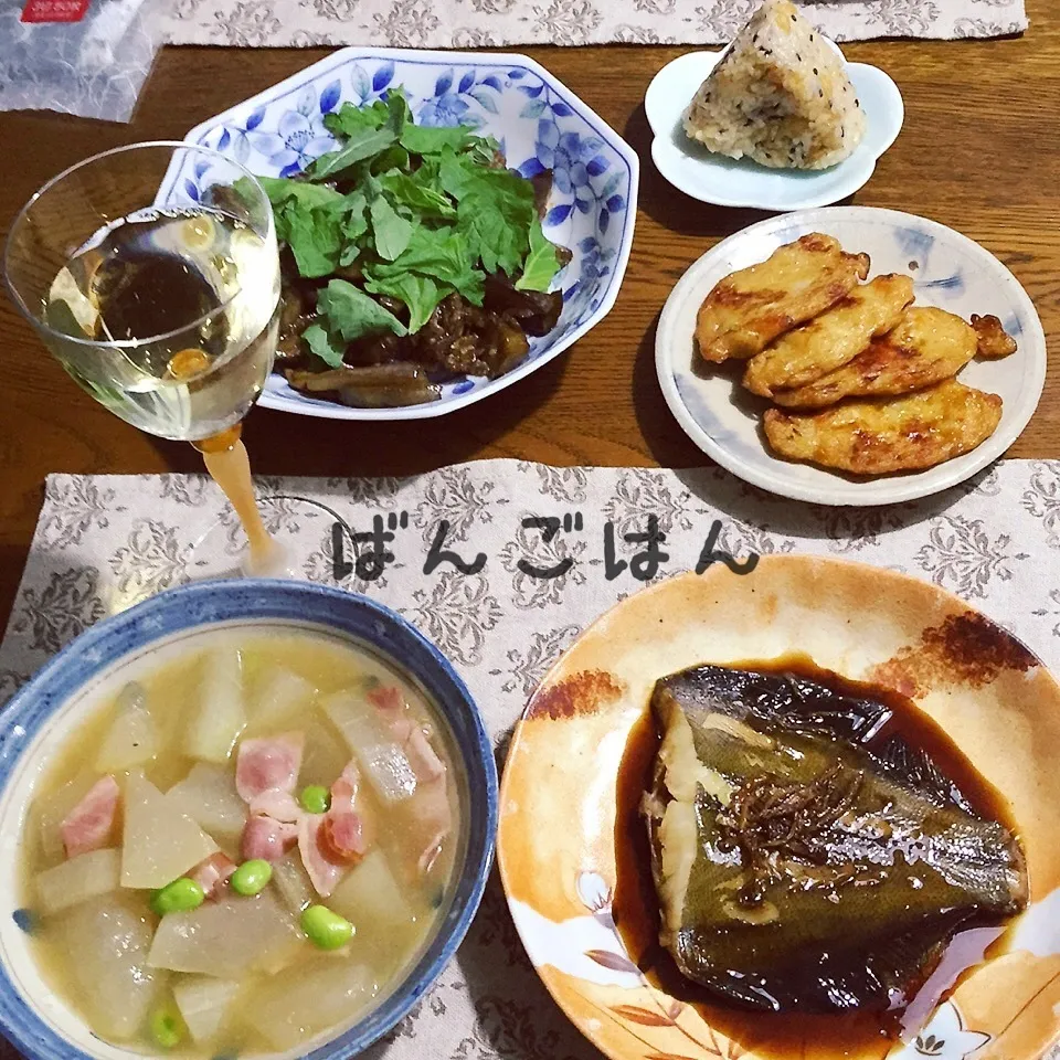 ひらめ煮つけ、冬瓜スープ煮、青唐辛子と牛肉茄子味噌炒め、|yakinasuさん