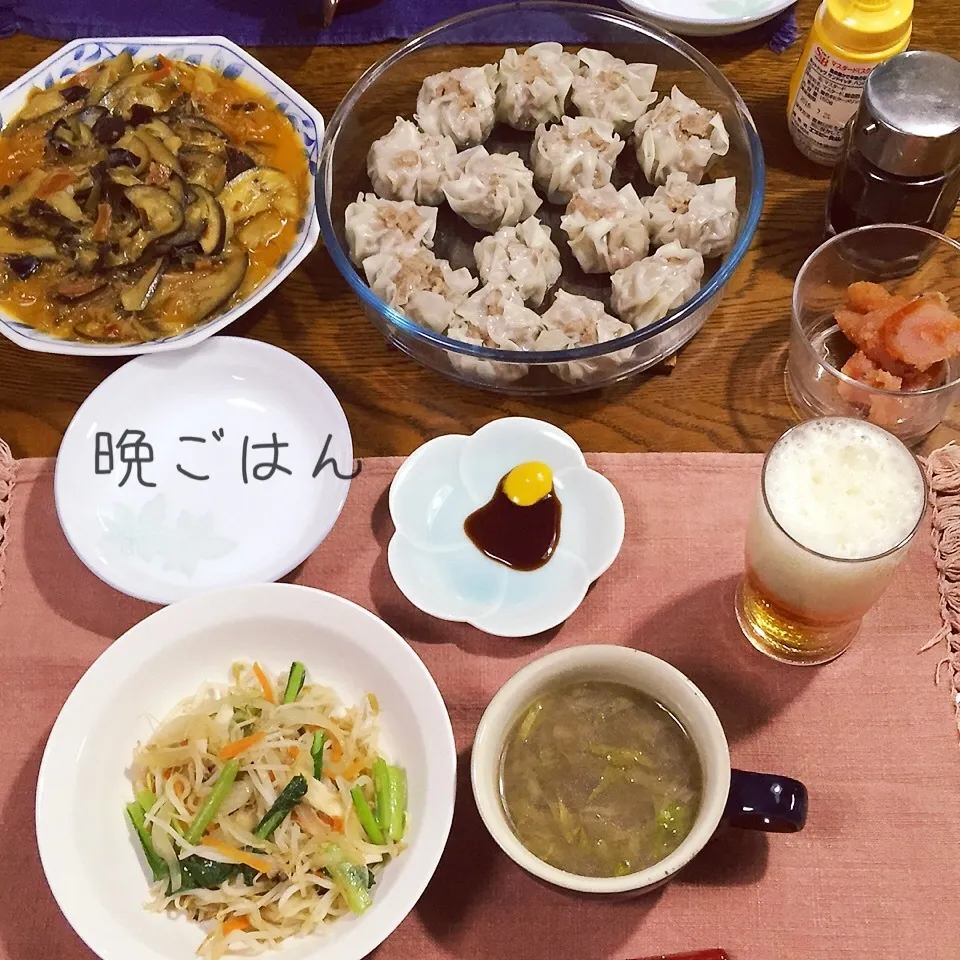 シュウマイ、野菜炒め、麻婆ナス春雨、中華スープ、ビール|yakinasuさん