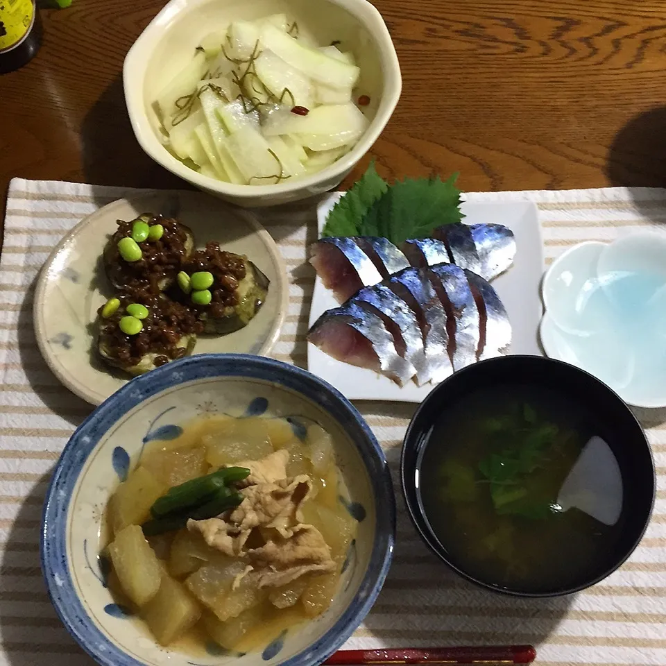 しめ鯖、冬瓜豚肉の煮物、なすの肉味噌かけ、冬瓜の塩糀漬け、|yakinasuさん