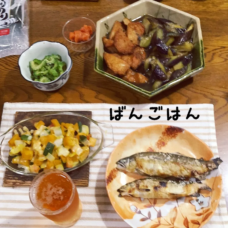 鮎塩焼き、茄子と野菜天煮物、南瓜ガリポンチーズ焼き、ビール|yakinasuさん