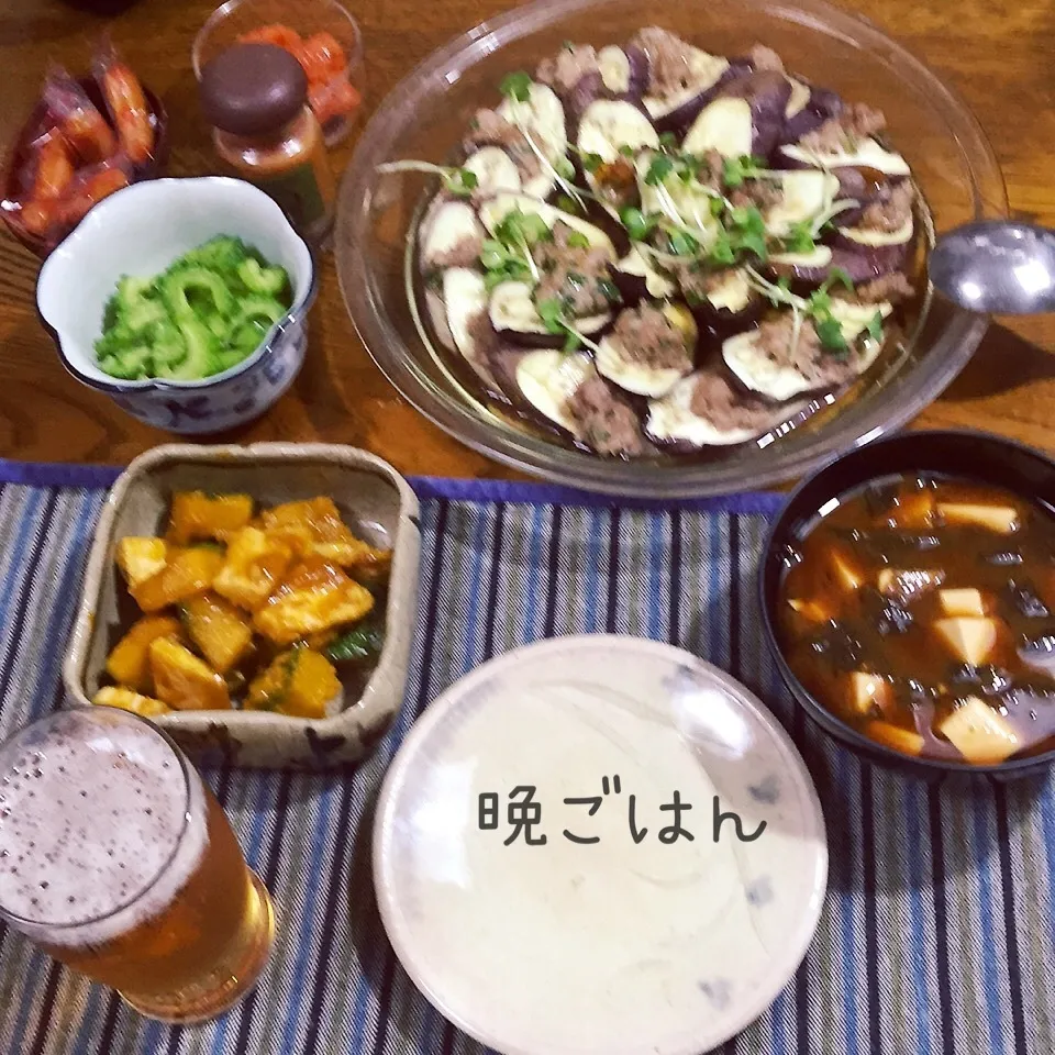 豚挽肉と茄子の重ね蒸し、南瓜と鶏胸肉の照り煮、ゴーヤを漬け、|yakinasuさん