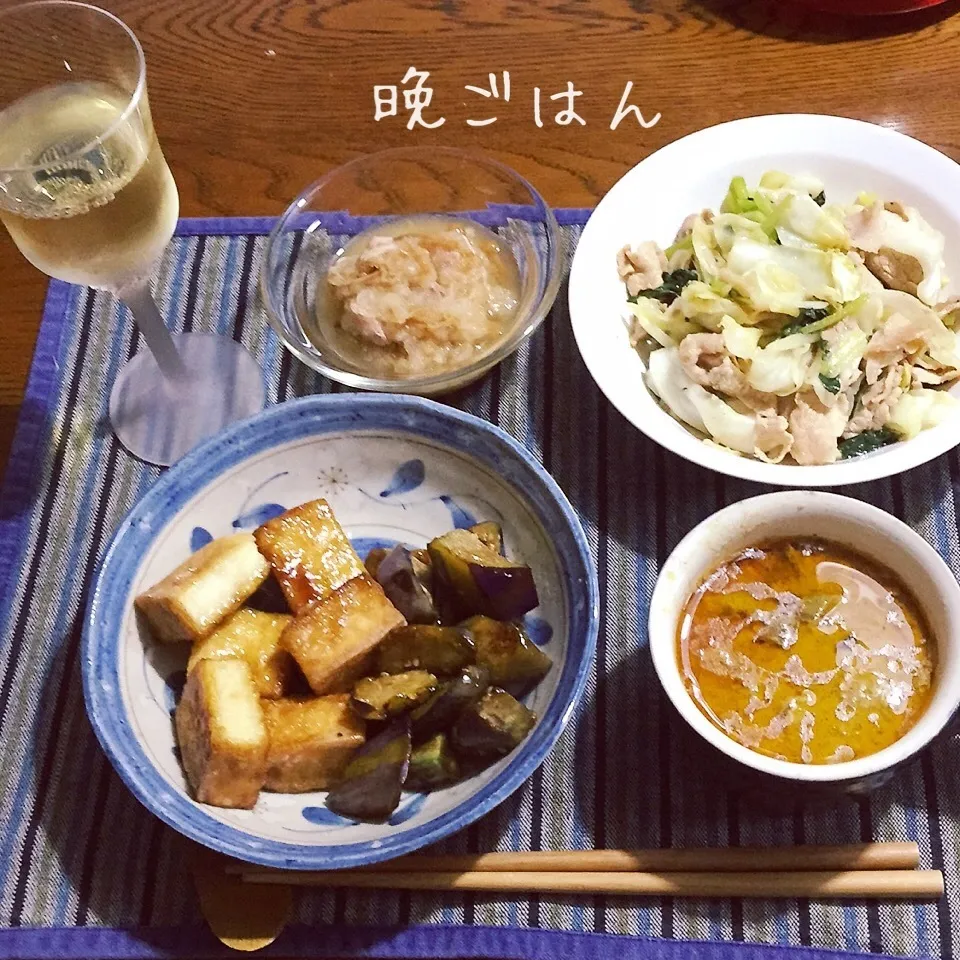 Snapdishの料理写真:キャベツ豚肉の黒胡椒炒め、厚揚げ茄子照焼、おろしナメタケ|yakinasuさん