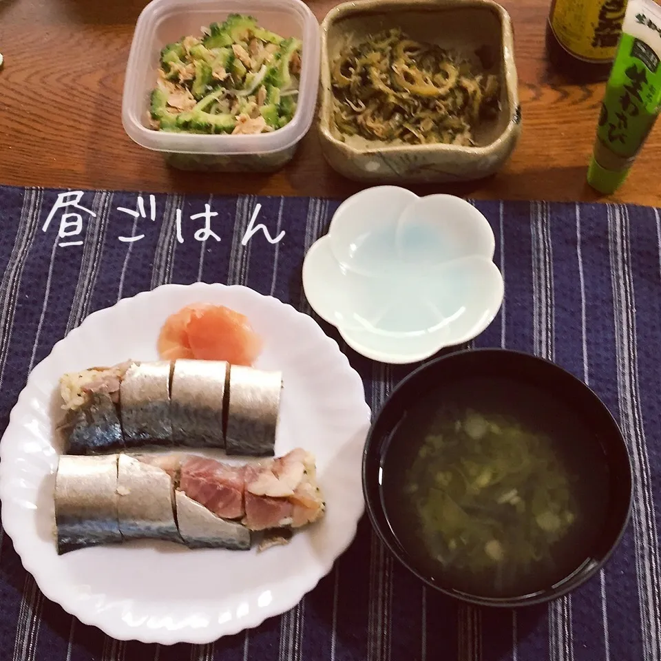 Snapdishの料理写真:鯖棒寿司、茗荷と糸寒天の澄まし汁、ゴーヤ|yakinasuさん