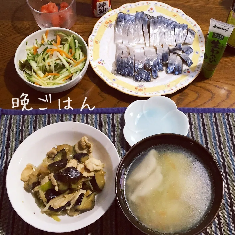 鶏胸肉と夏野菜の生姜焼き、水餃子スープ、、シメサバ、|yakinasuさん