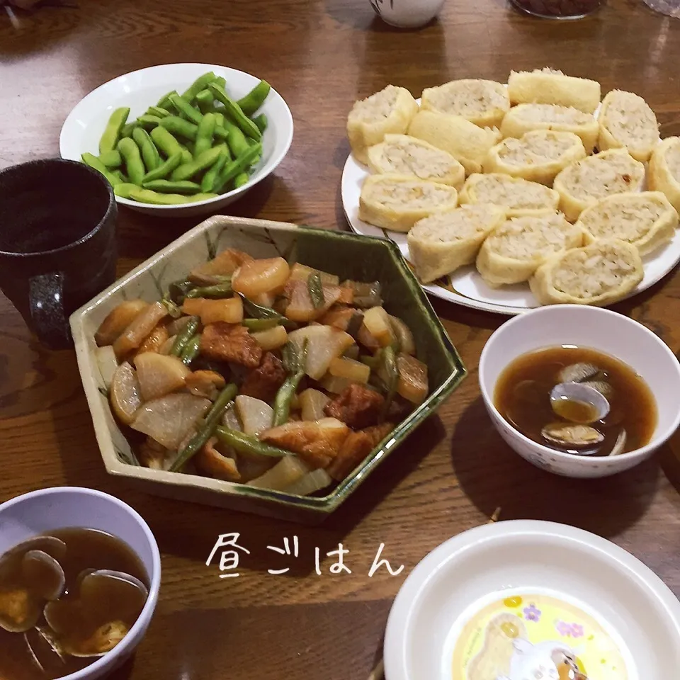 焼きいなり、大根牛蒡揚げにもの、枝豆、味噌汁|yakinasuさん