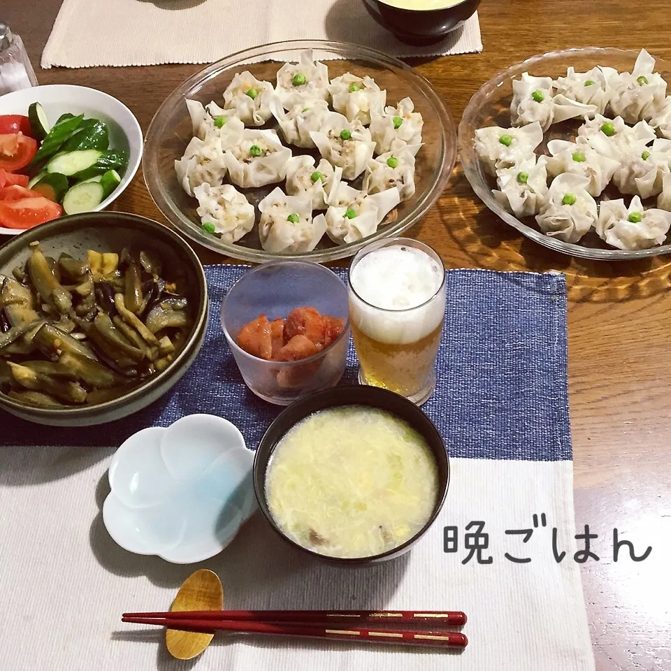 Snapdishの料理写真:エビ焼売と肉焼売、茄子ピリ辛和え、中華卵スープ、ビール|yakinasuさん