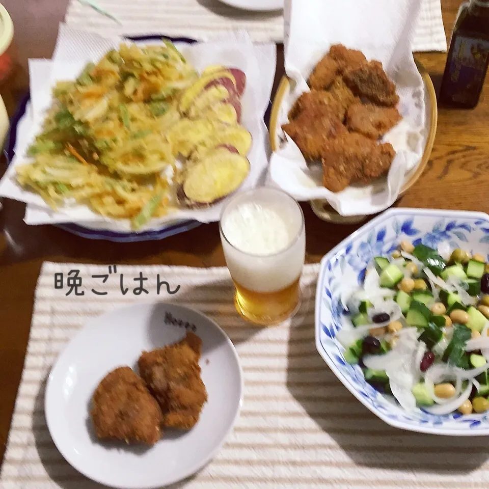 豚カツ、かき揚げ、豆サラダ、ビール|yakinasuさん