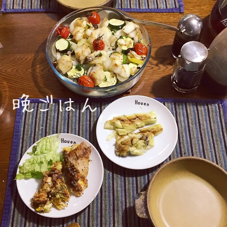 Snapdishの料理写真:鱈と野菜のオーブン焼き、焼きなす、お好み焼き|yakinasuさん