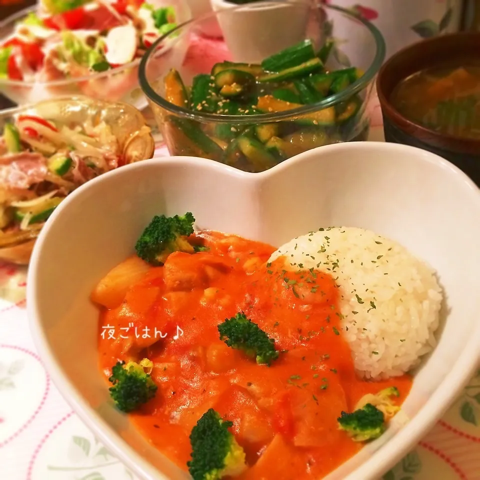 夜ごはん♡鶏肉と海老のトマトクリームライス♡|rさん