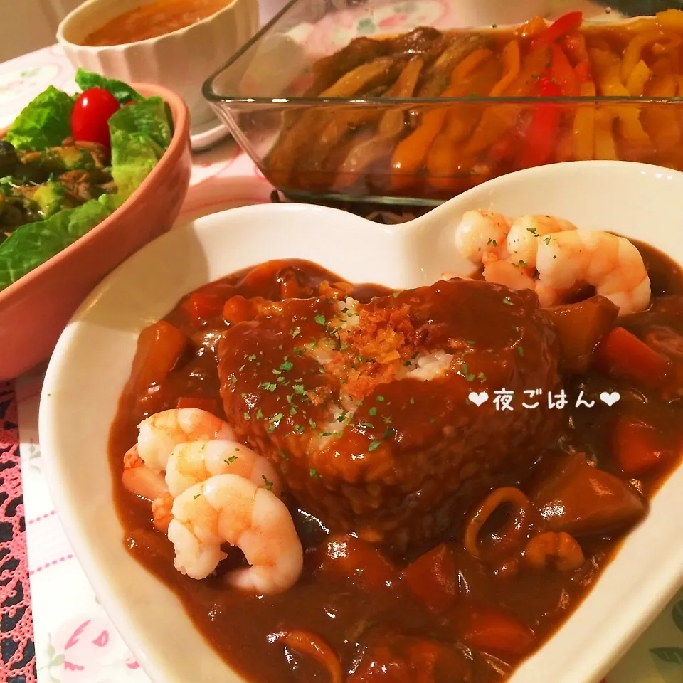 夜ごはん♡シーフードカレー♡パプリカマリネ♡|rさん