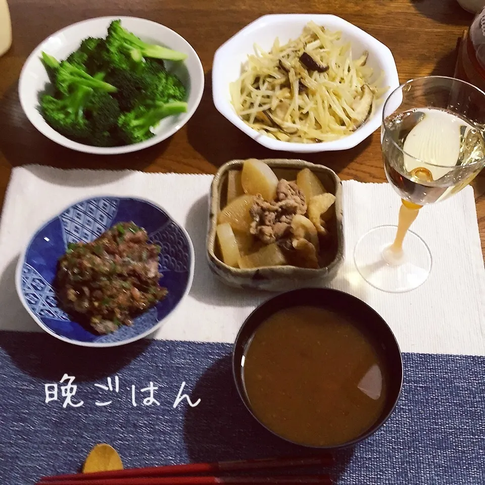 鯵なめろう、大根煮物、ブロッコリー、モヤシ椎茸カレー醤油炒め|yakinasuさん