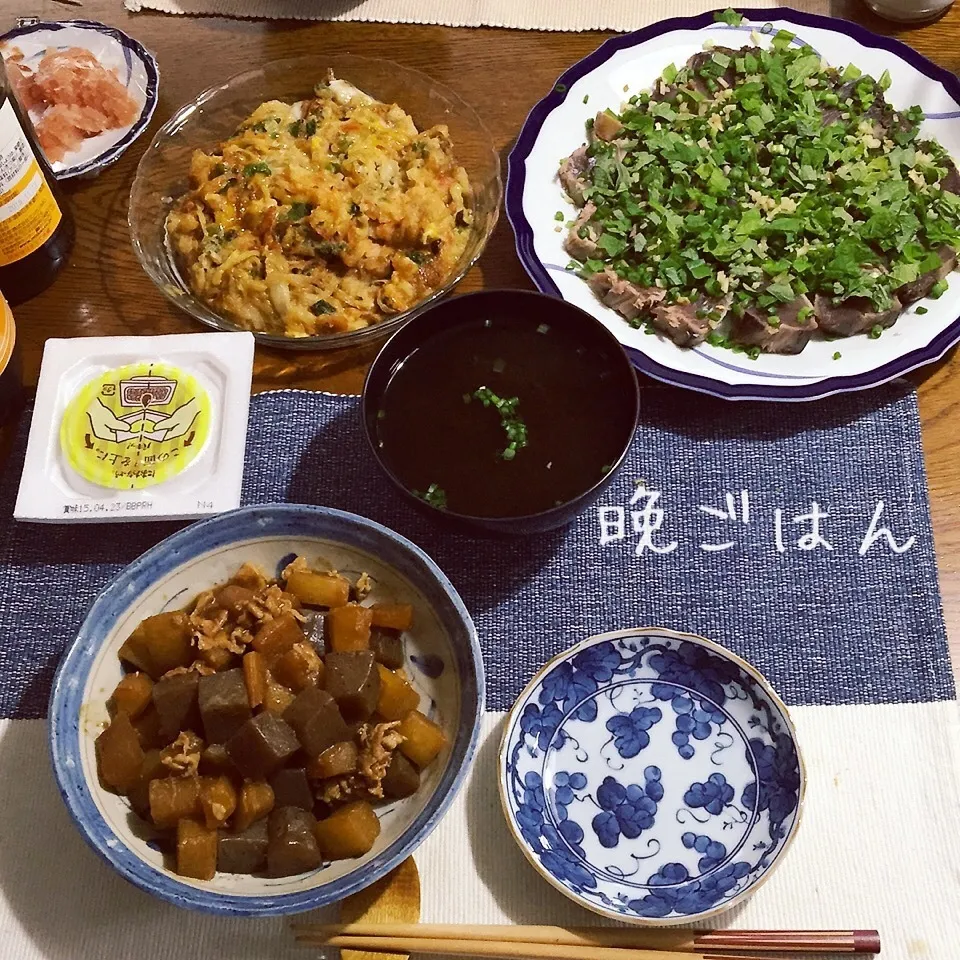 鰹たたき、天とじ、大根蒟蒻味噌煮、モズク汁、納豆|yakinasuさん