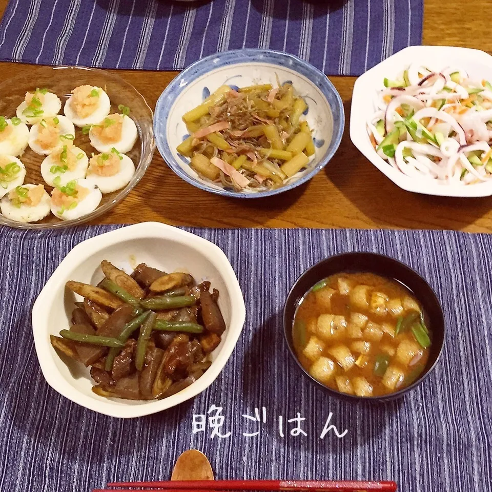 牛スジ牛蒡味噌煮、蕗小女子炒め煮、イカマリネ、長芋明太焼き|yakinasuさん