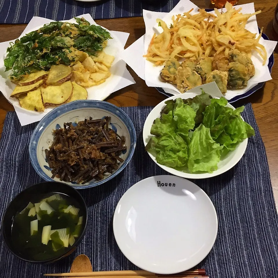 鯵シソ巻き、タカノツメ、筍、薩摩芋、玉ねぎてんぷら、ぜんまい|yakinasuさん