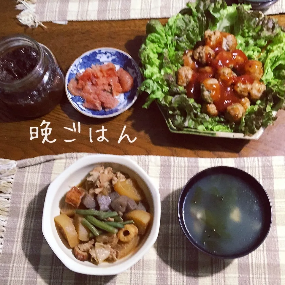 揚げない肉団子、大根蒟蒻味噌煮、中華スープ、|yakinasuさん