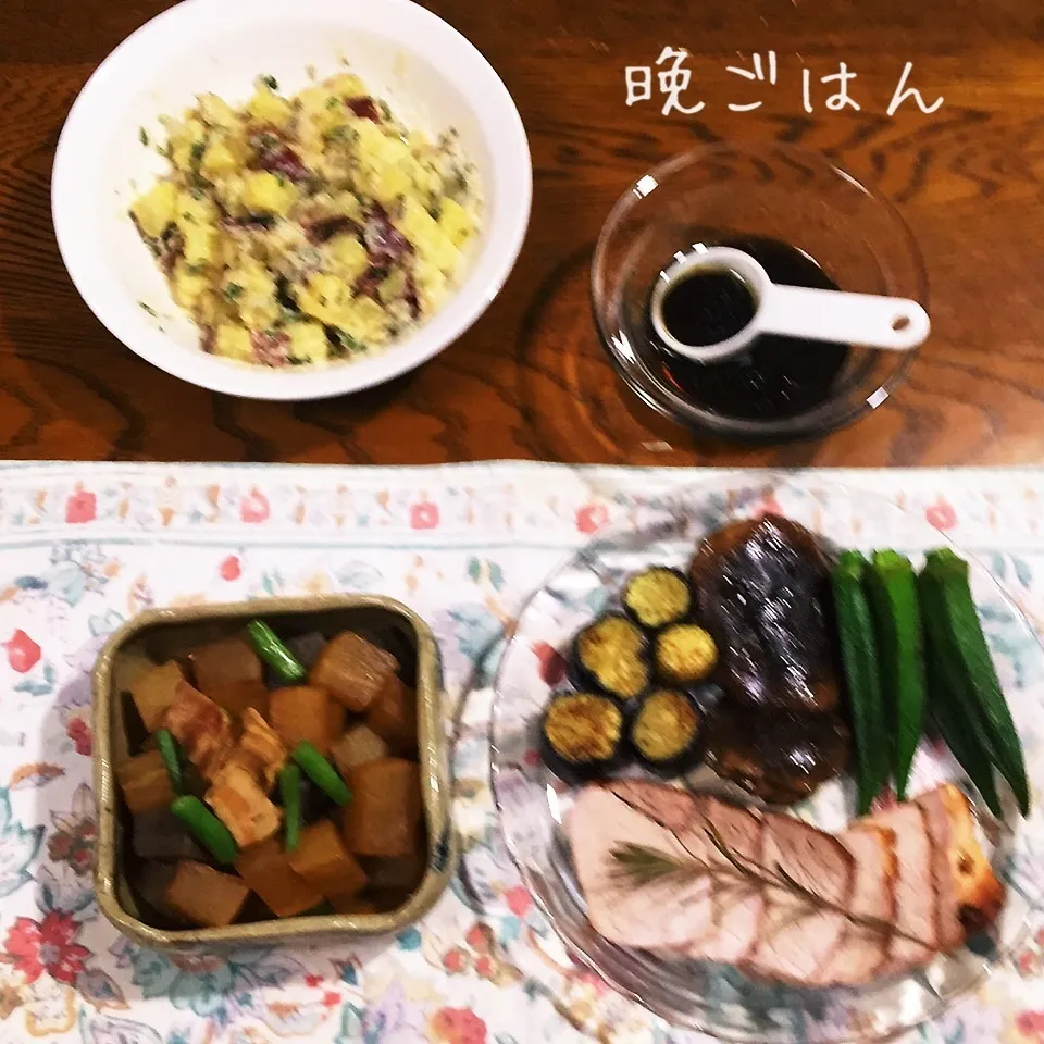 ローストポーク焼き野菜バルサミコソース、大根ピリ辛味噌煮|yakinasuさん