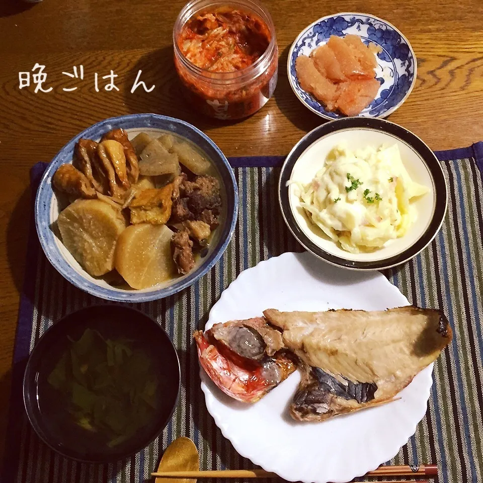 金目開き、大根と牛スジ煮物、ポテトクリーム煮、おすまし|yakinasuさん