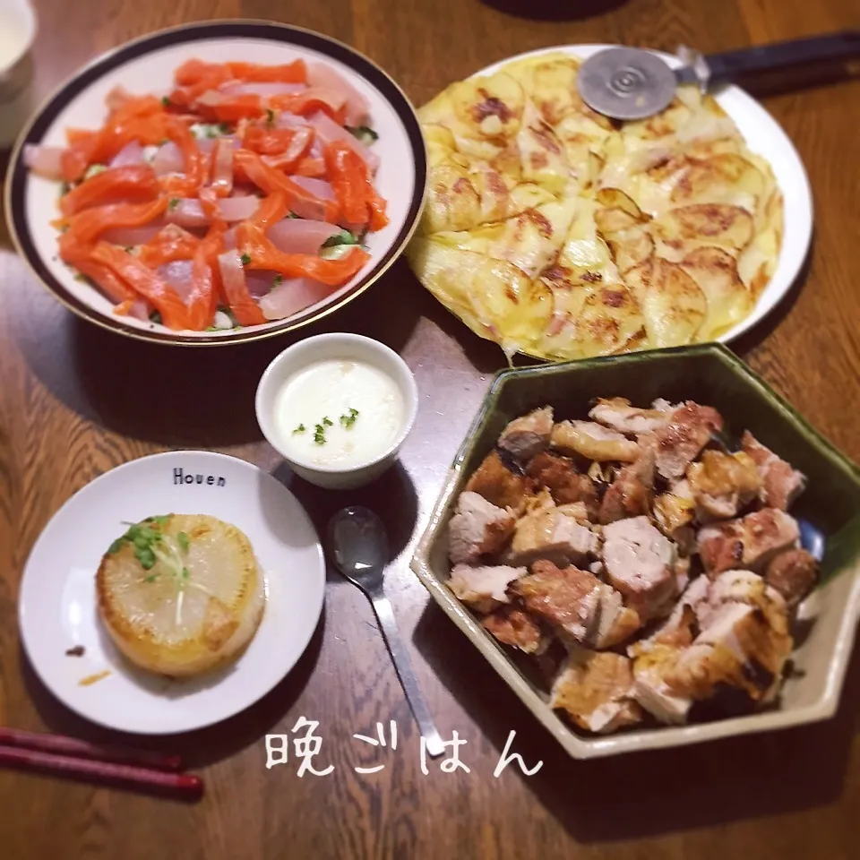 鶏もも肉塩ガリ焼き、サーモン鮪のカルパッチョ、ポテトガレット|yakinasuさん