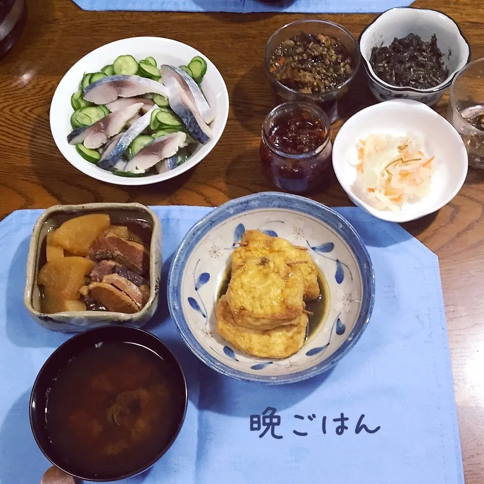 大根と豚角煮、シメサバの酢の物、薄揚げ巾着煮、しじみ汁|yakinasuさん