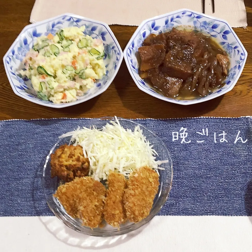 ヒレ焼き豚カツ、ポテトサラダ、大根牛スジ味噌煮|yakinasuさん