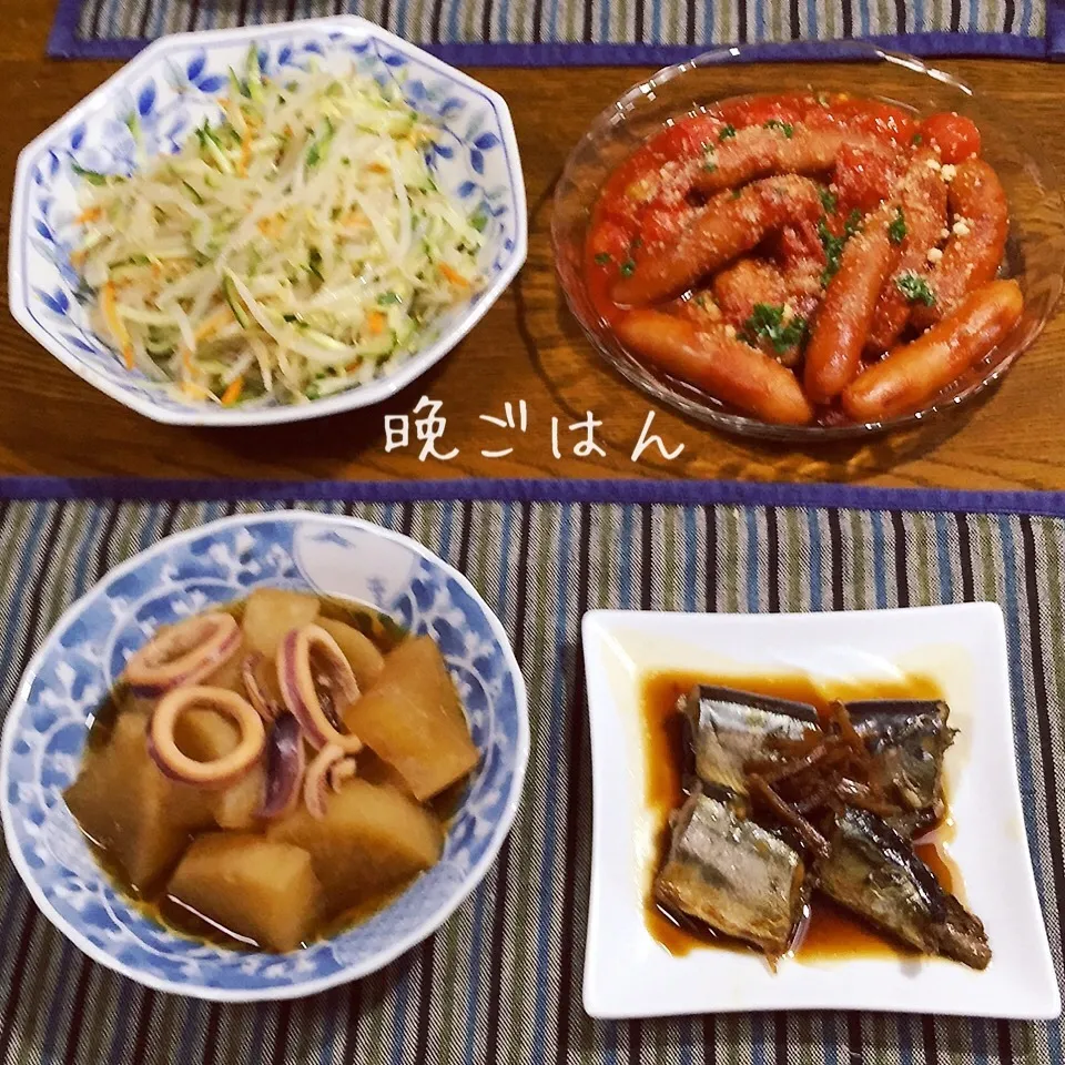 イカ大根、さんま圧力鍋煮、モヤシナムル、ウインナタバスコ焼き|yakinasuさん