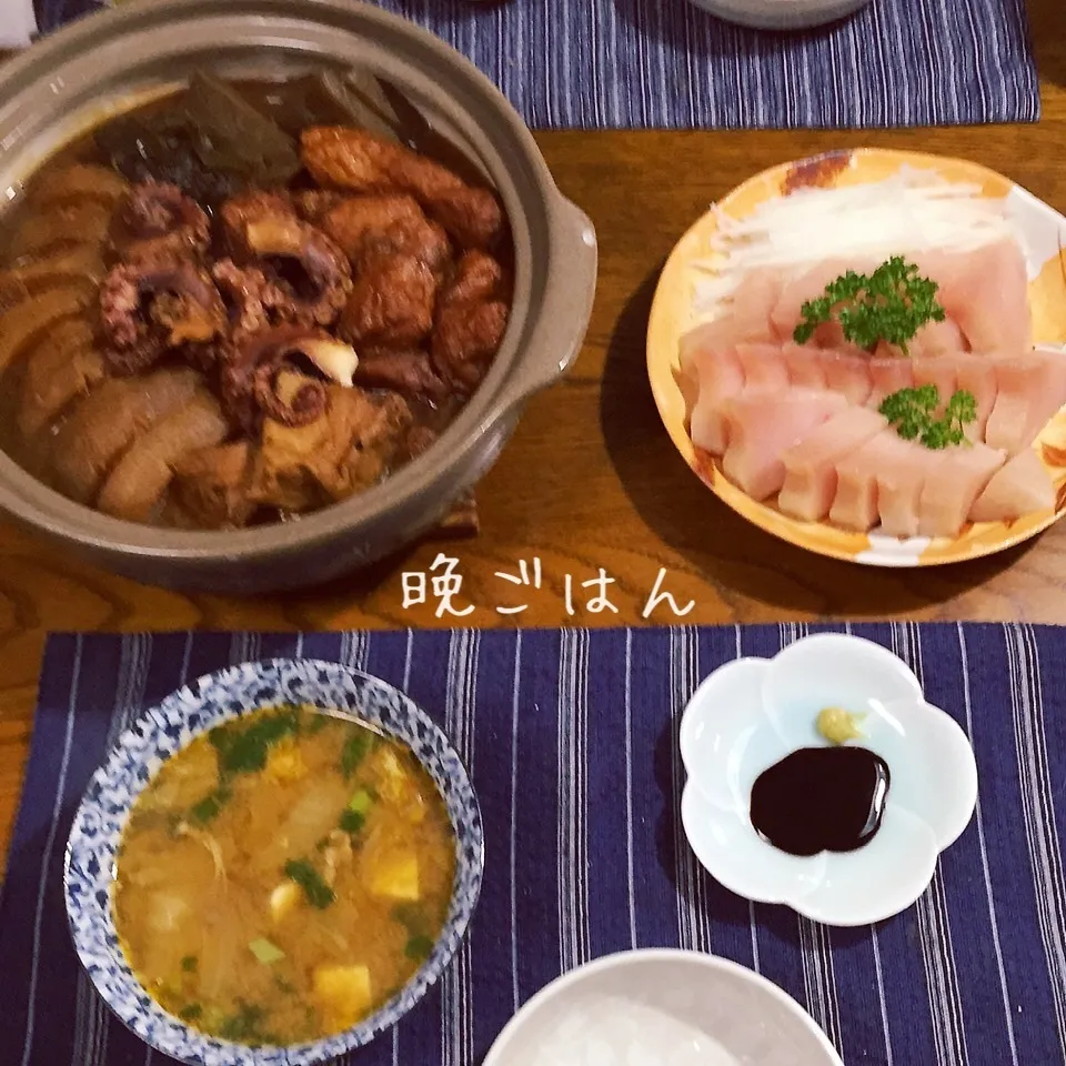 味噌おでん、備長マグロお刺身、豆腐のスープ|yakinasuさん