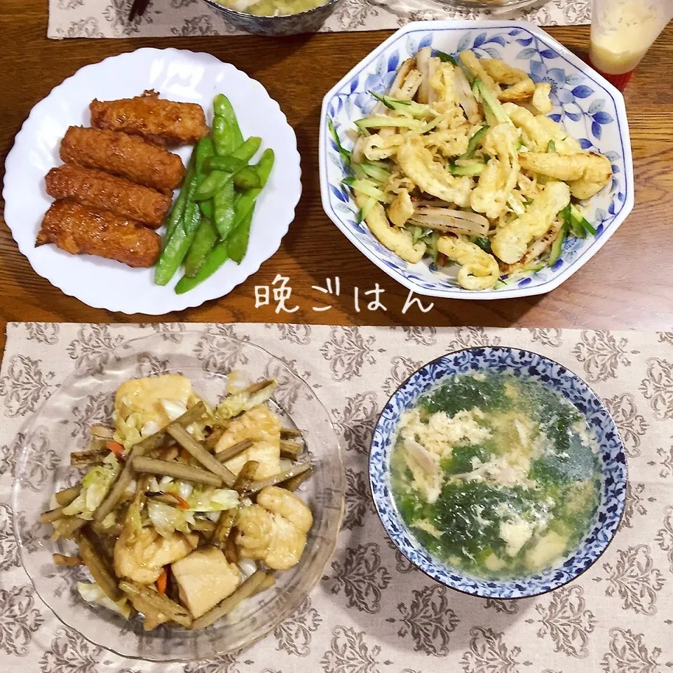 鶏牛蒡照り煮、切干し大根竹輪揚げサラダ、イカ天、レタススープ|yakinasuさん