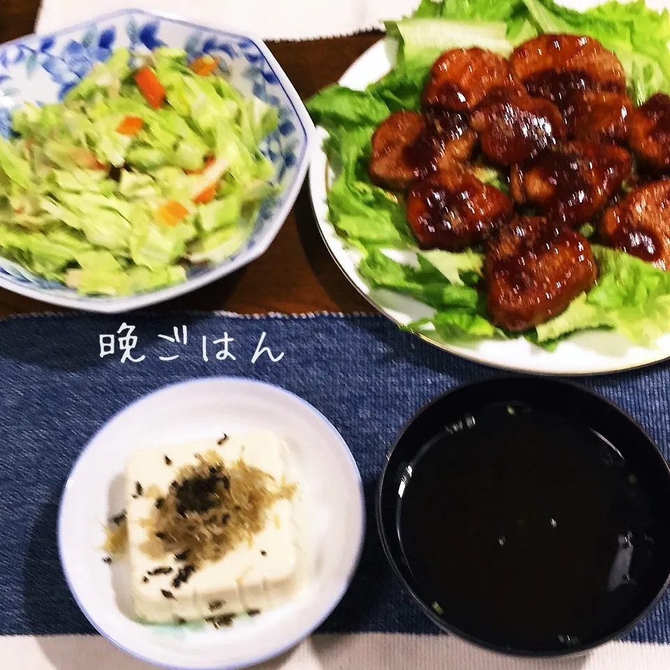 豚ヒレ肉照り焼き、ゴマジャコと紫蘇の実豆腐、蒸し野菜、モズク|yakinasuさん