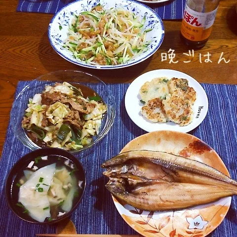 ホッケ開き、回鍋肉、大根餅、ワンタンスープ、中華クラゲあえ|yakinasuさん