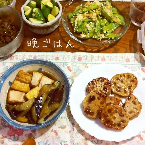 蓮根挟み焼き、茄子と厚揚げ煮物、絹さや卵とじ炒め、スープ|yakinasuさん