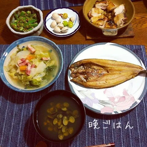 Snapdishの料理写真:白菜とベーコンのスープ煮、ホッケ開き、オクラ胡麻和え、シジミ|yakinasuさん