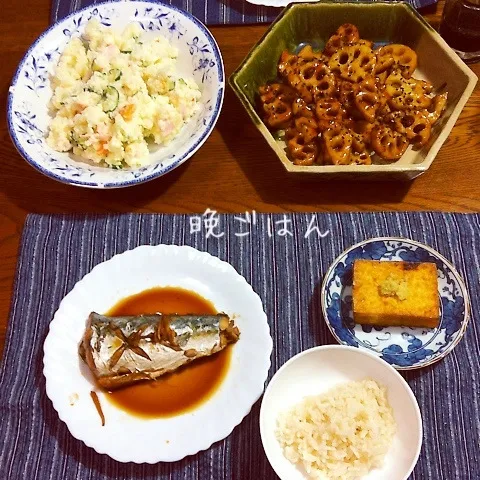 サワラ煮付け、レンコン照り煮、さくらごはん、ポテトサラダ|yakinasuさん