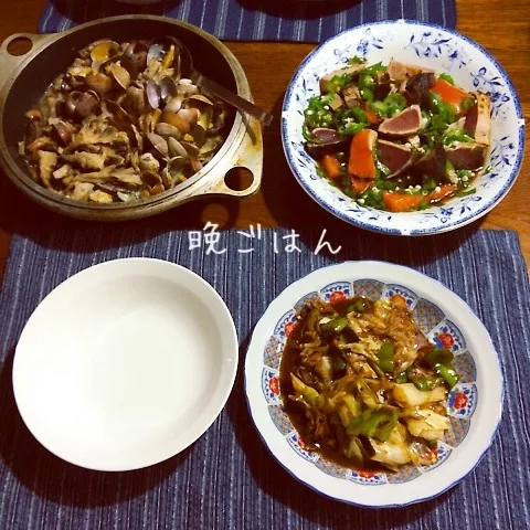 Snapdishの料理写真:炙り鮪鮭オクラのカルパッチョ、回鍋肉、キノコアサリ酒蒸し|yakinasuさん