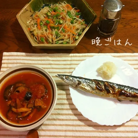 痩せ活！ 焼きさんま、豚モモ肉と野菜のトマト煮、ナムル|yakinasuさん